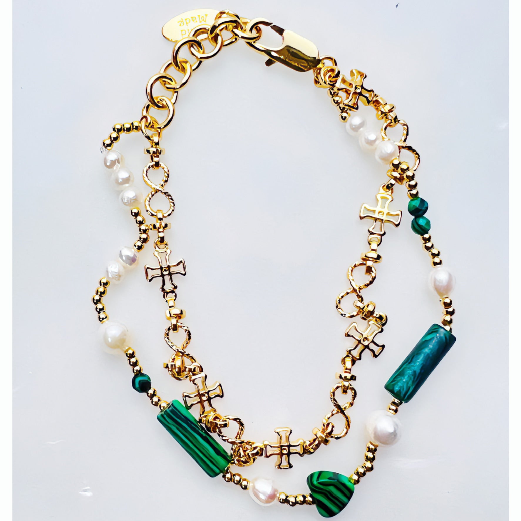 Vintage Gold Malachite Pearl Double Chain Bracelet