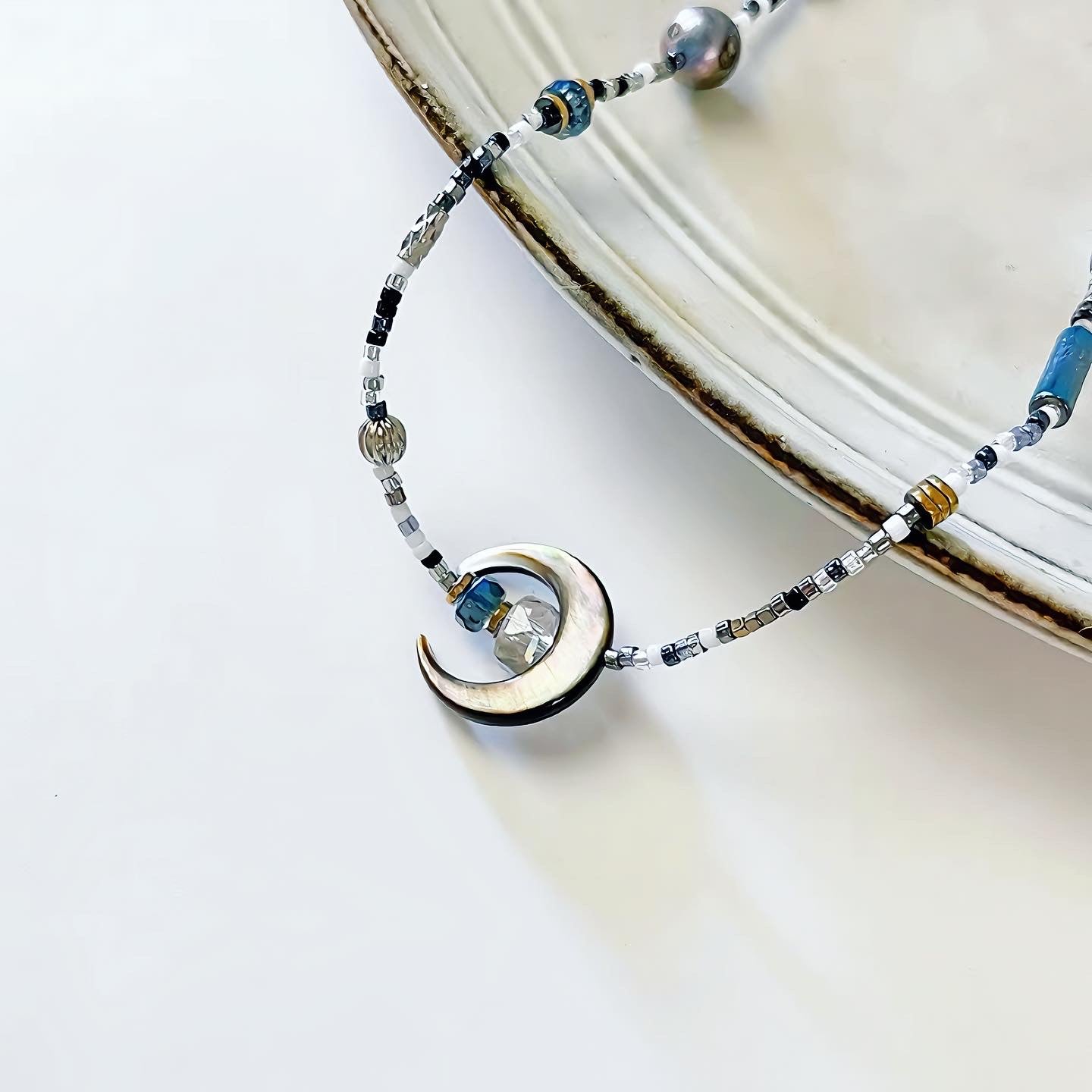 Vintage Mother Of Pearl Crystal Hematite Moon Necklace