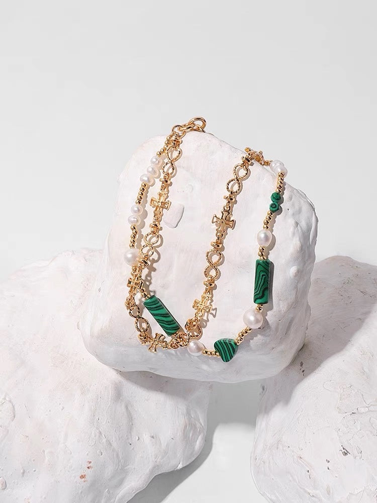 Vintage Gold Malachite Pearl Double Chain Bracelet