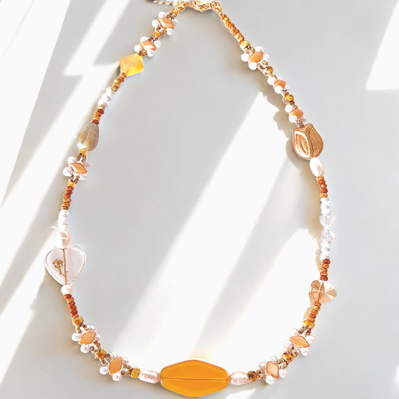 Amber Czech Delica Beads Preciosa Pearl Necklace