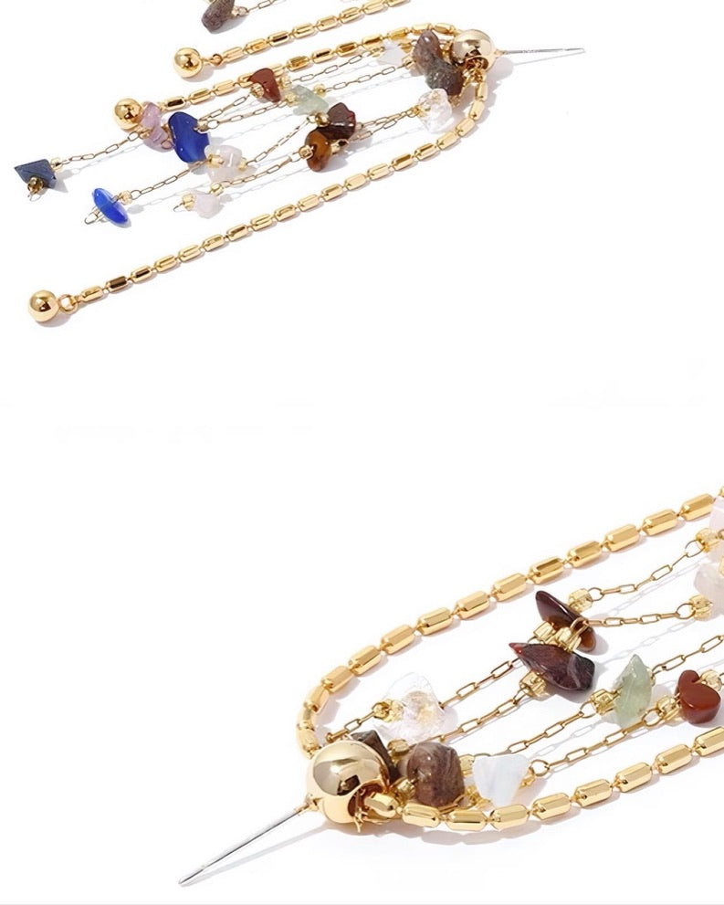 Natural Gemstone Gold Colorful Double Chain Earrings