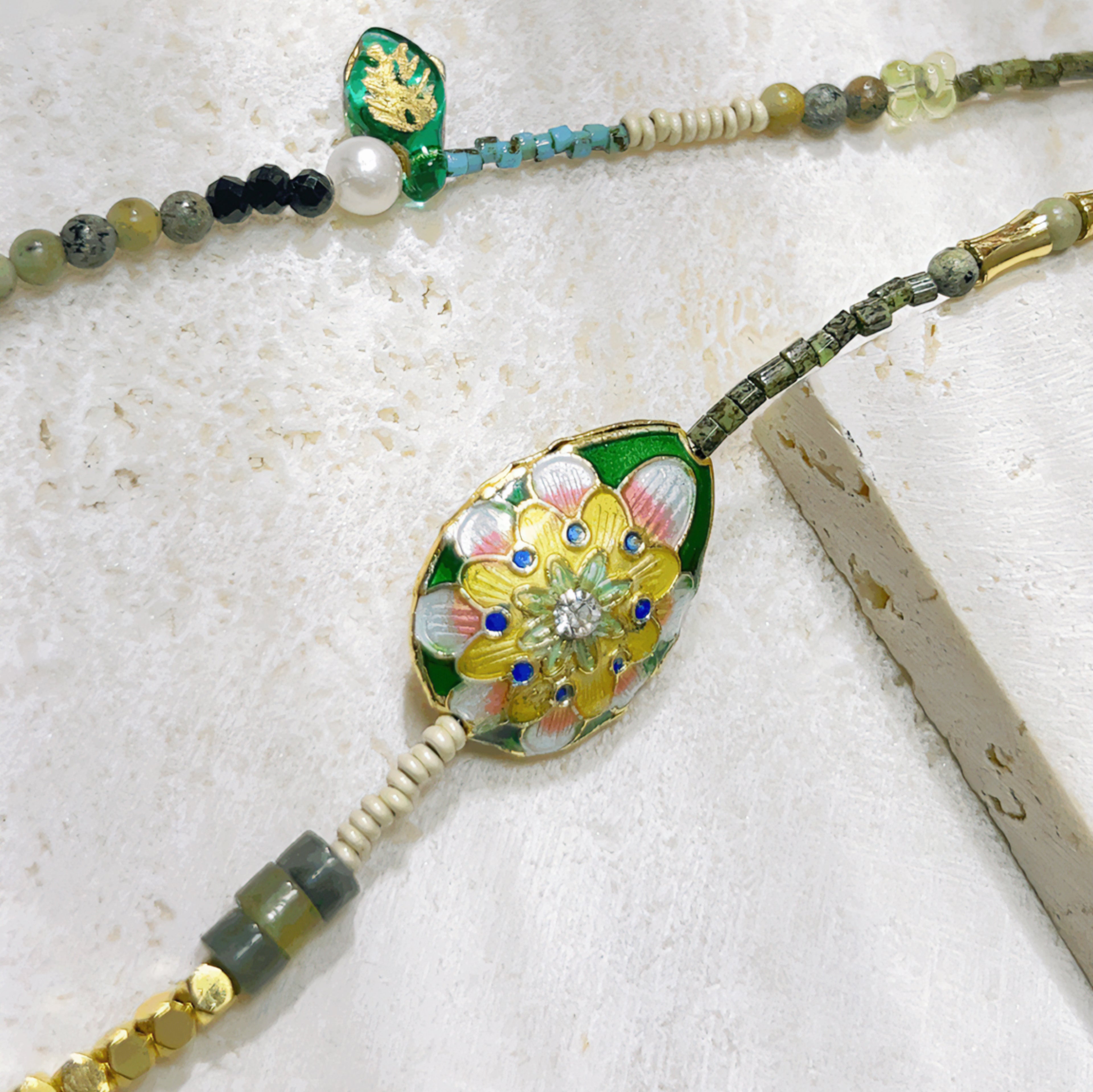 Green Vintage China Cloisonné Enamel Czech Antique Beads Necklace