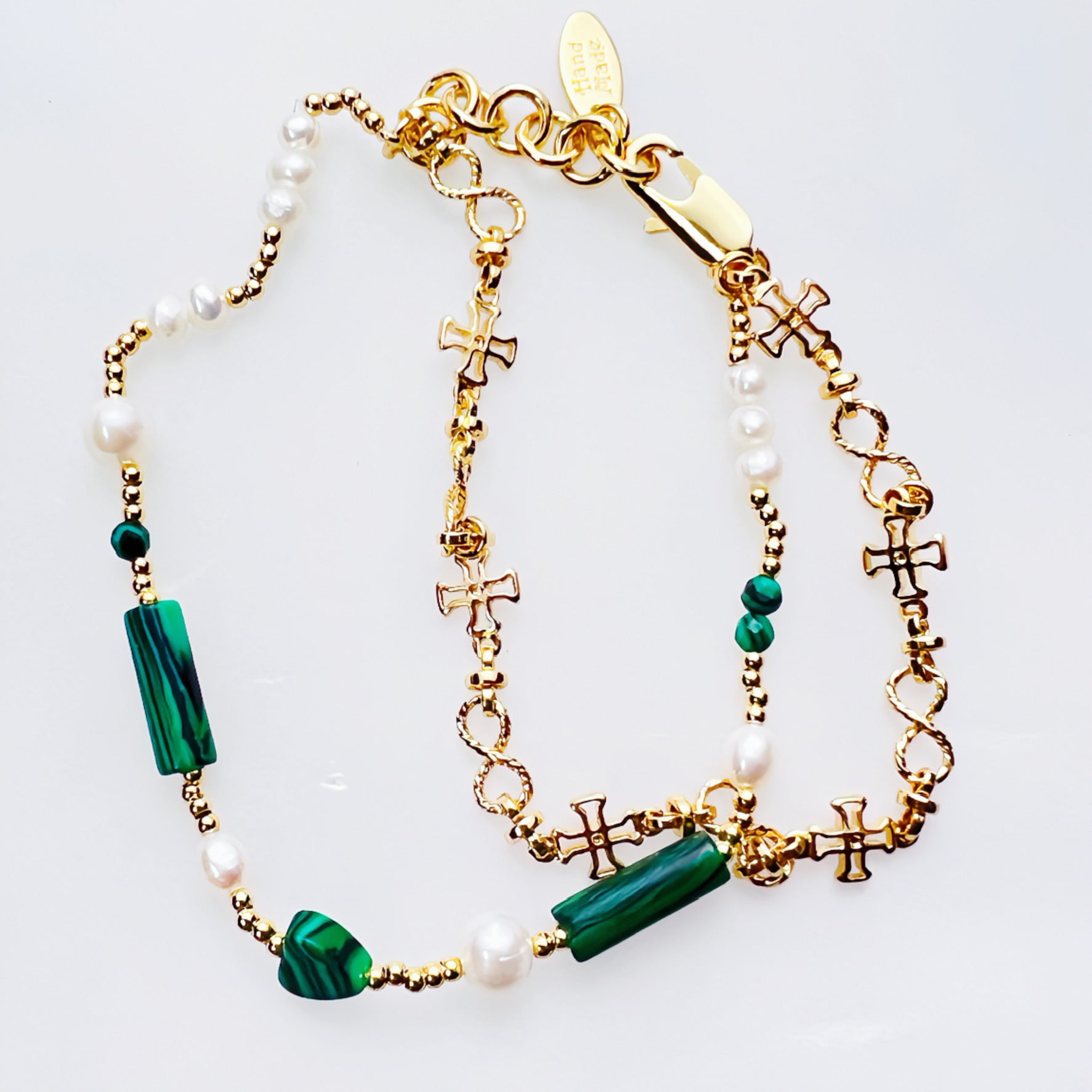 Vintage Gold Malachite Pearl Double Chain Bracelet