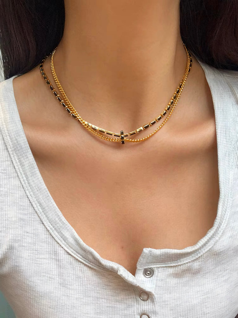 European Style Vintage Simple Gold Black Double Chain Necklace