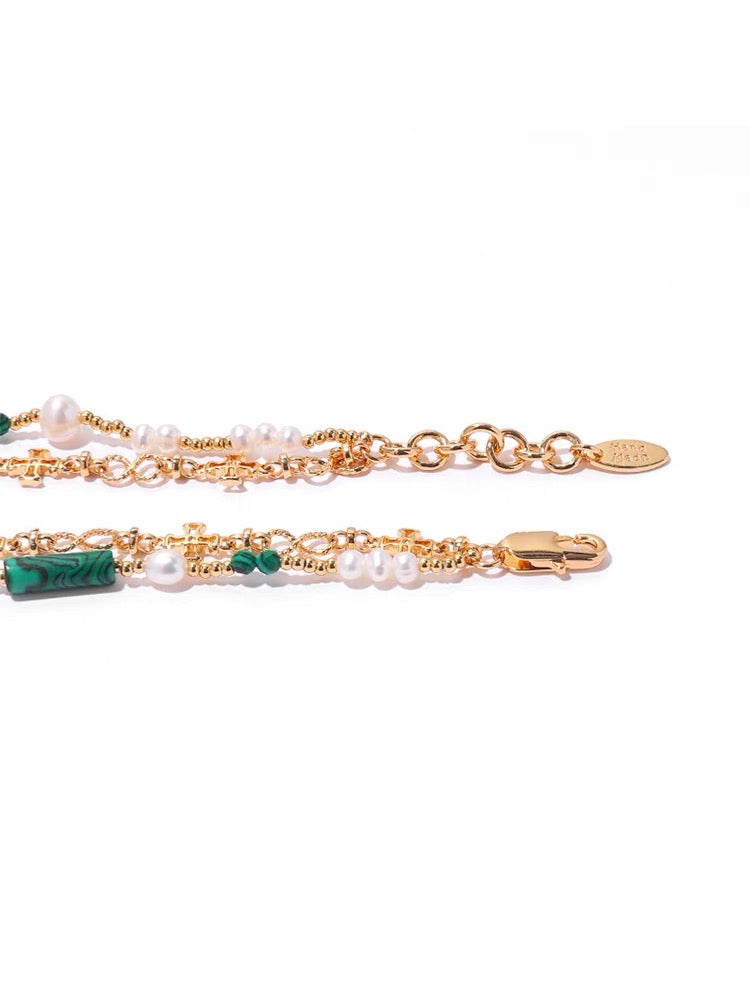 Vintage Gold Malachite Pearl Double Chain Bracelet