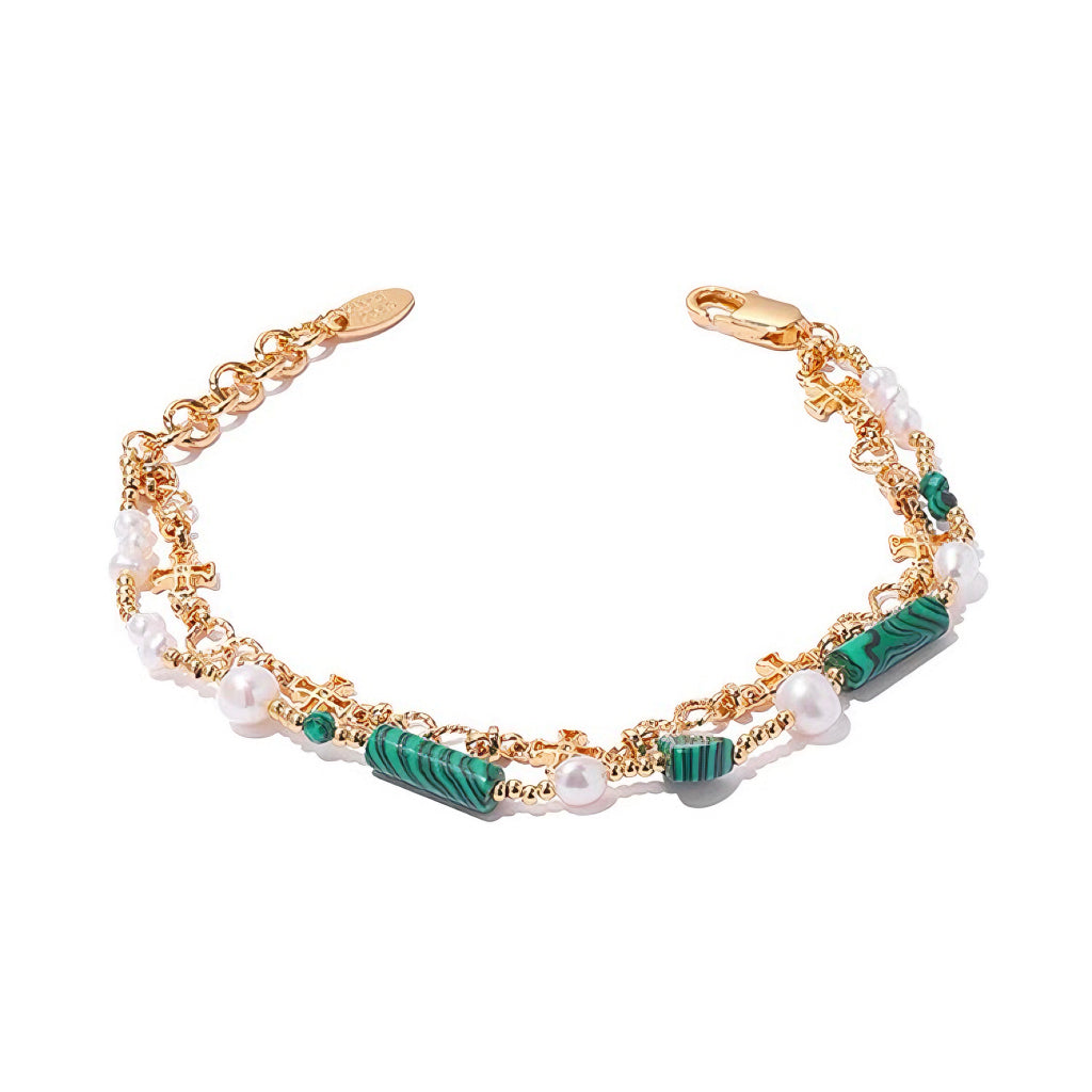 Vintage Gold Malachite Pearl Double Chain Bracelet