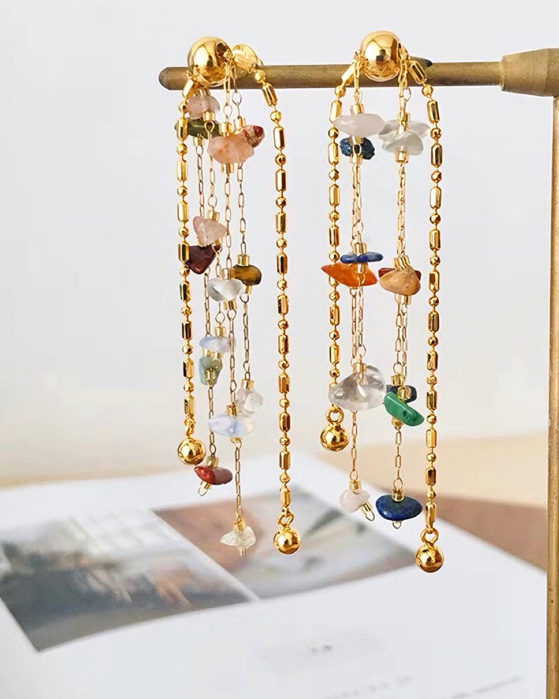 Natural Gemstone Gold Colorful Double Chain Earrings