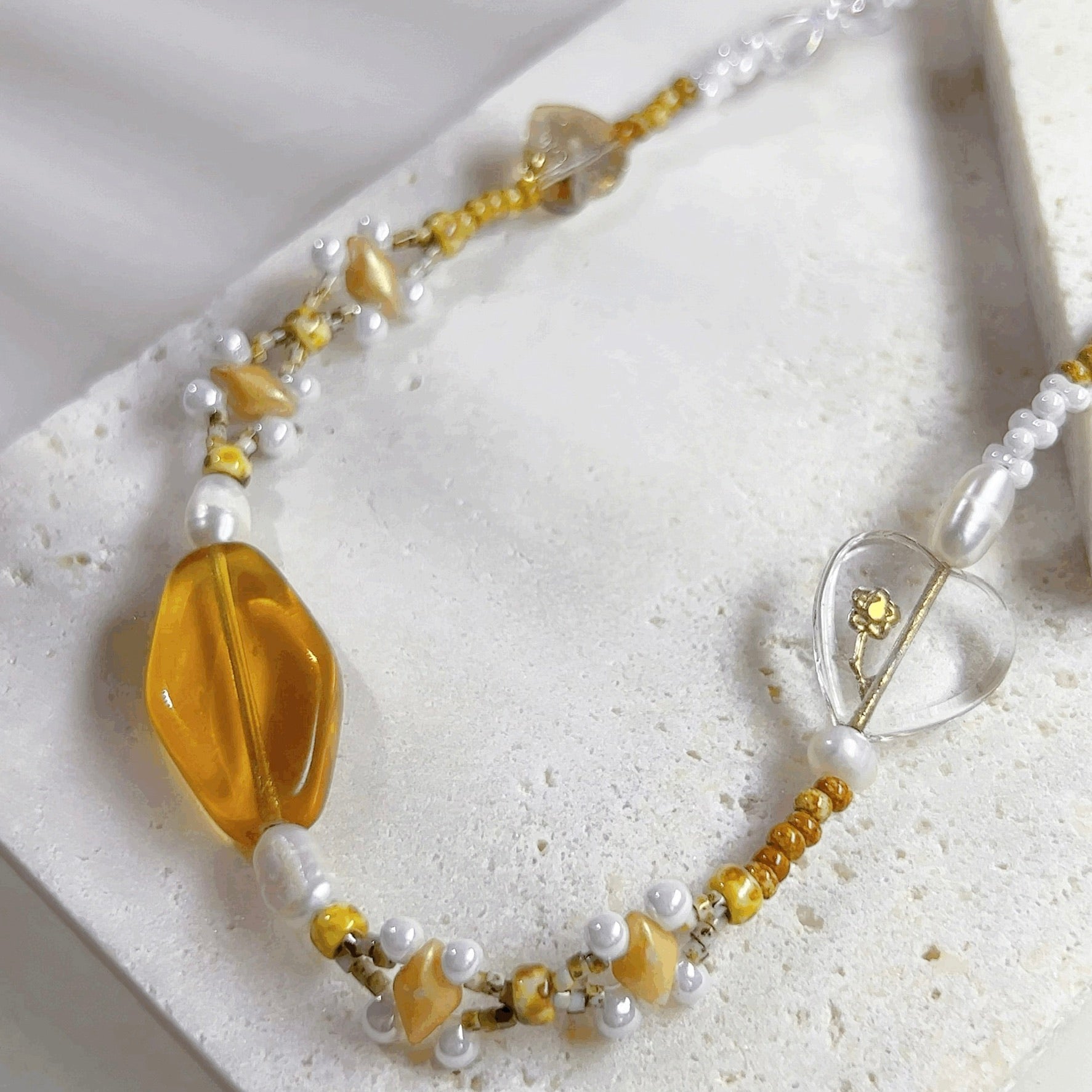 Amber Czech Delica Beads Preciosa Pearl Necklace