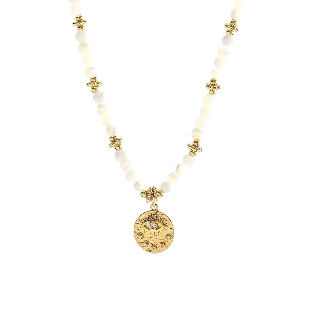 French Style Vintage Gold Pearl Coin Pendant Necklace