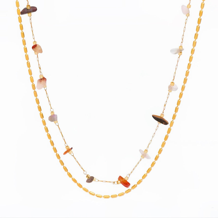 Natural Gemstone Gold Colorful Double Chain Necklace