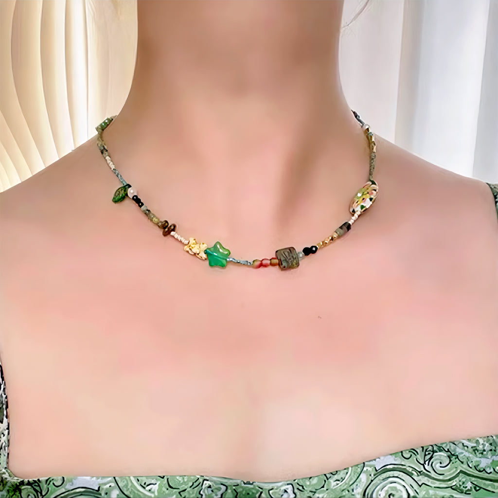 Green Vintage China Cloisonné Enamel Czech Antique Beads Necklace