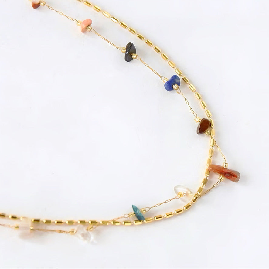 Natural Gemstone Gold Colorful Double Chain Necklace