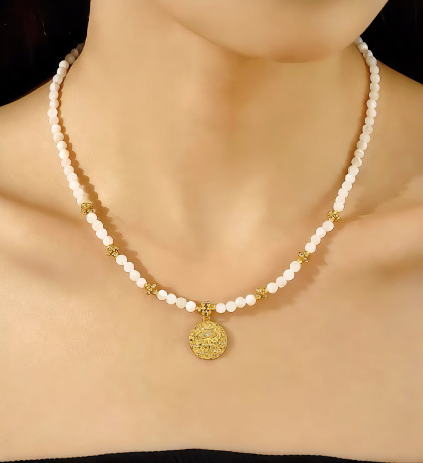 French Style Vintage Gold Pearl Coin Pendant Necklace