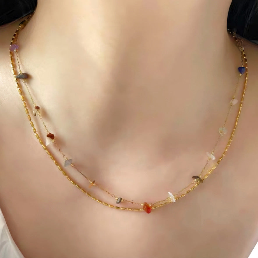 Natural Gemstone Gold Colorful Double Chain Necklace