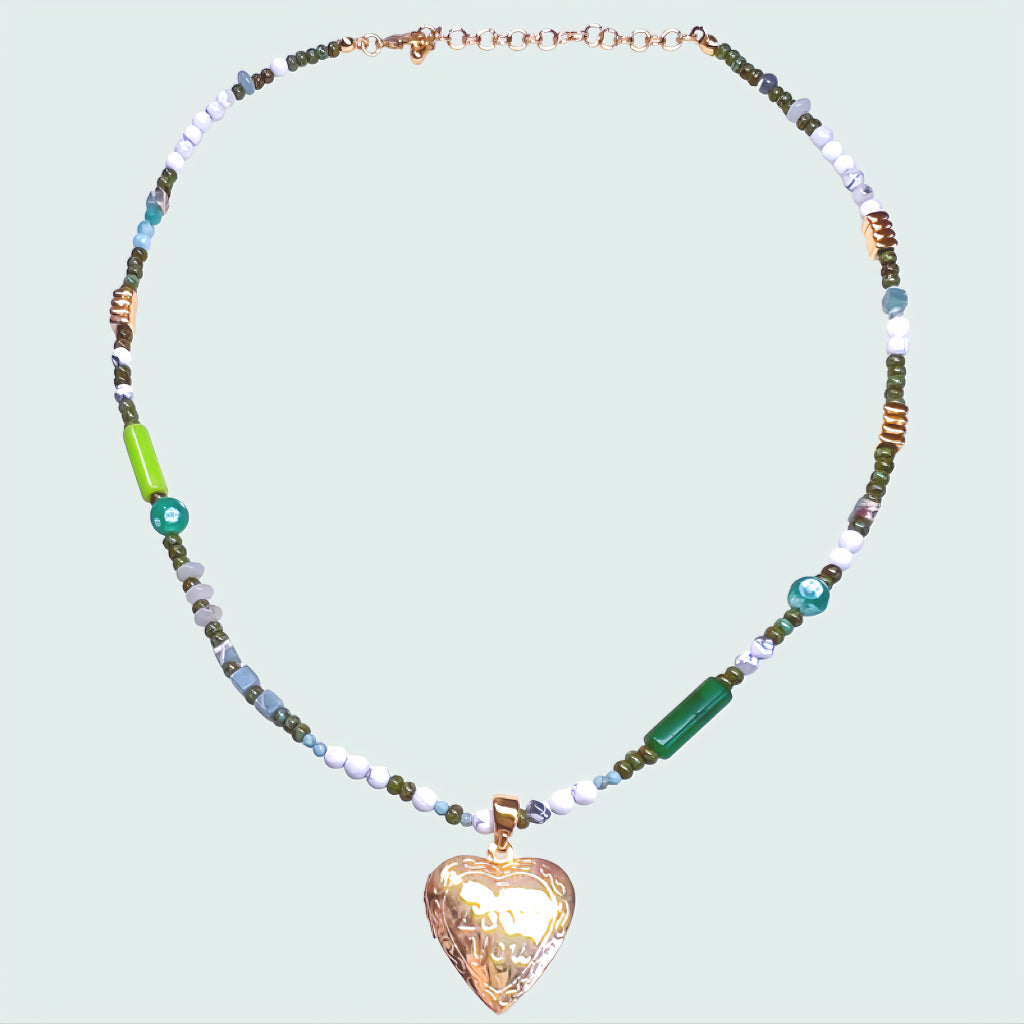 Chic Green Heart Open Pendant Bead Necklace