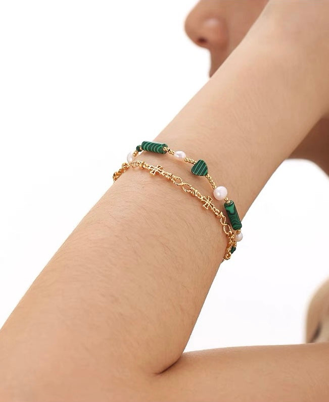 Vintage Gold Malachite Pearl Double Chain Bracelet